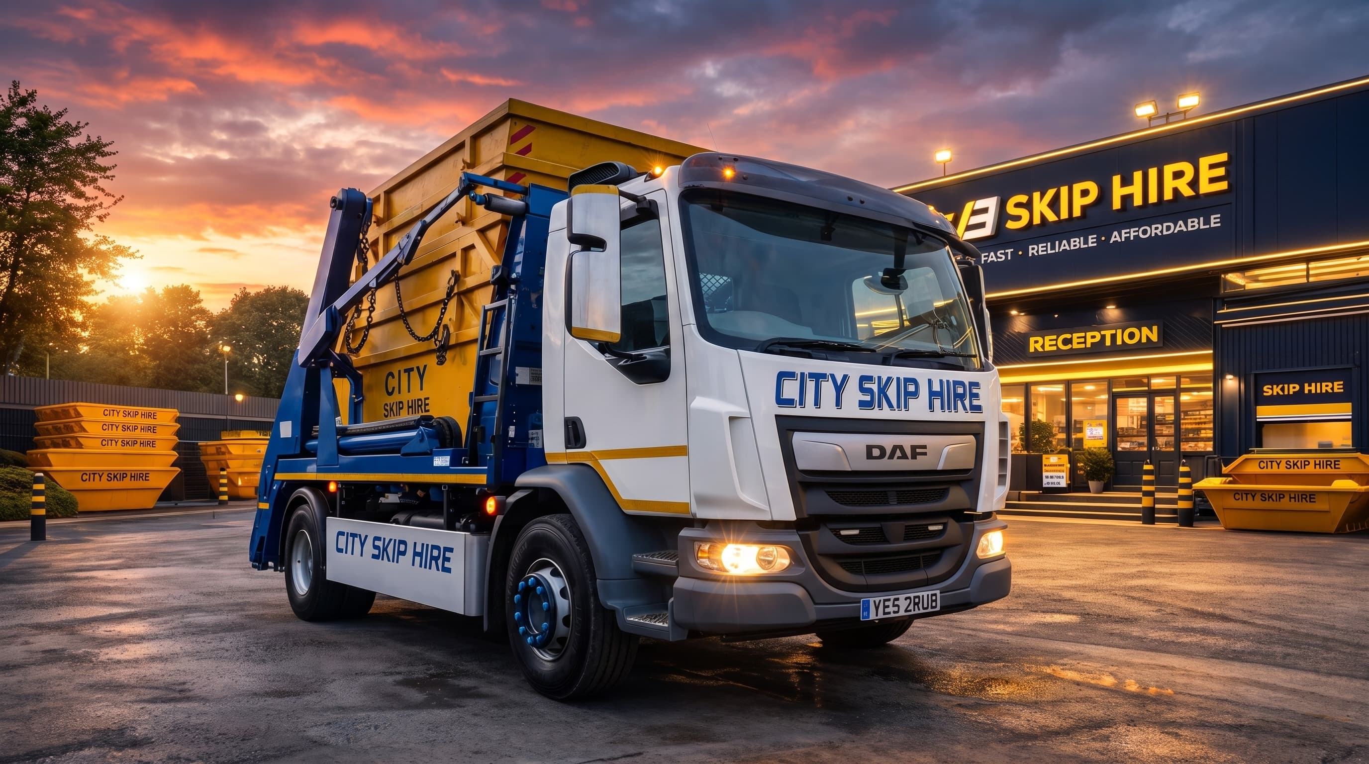 City Skip Hire truck at dusk