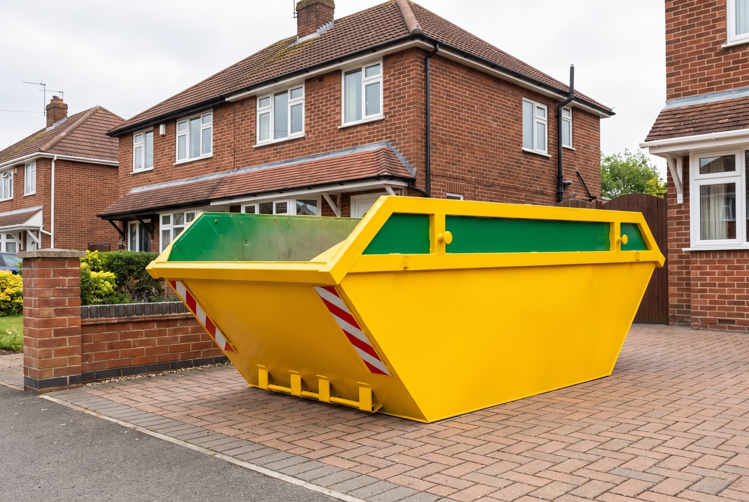 Yellow skip on a residential driveway