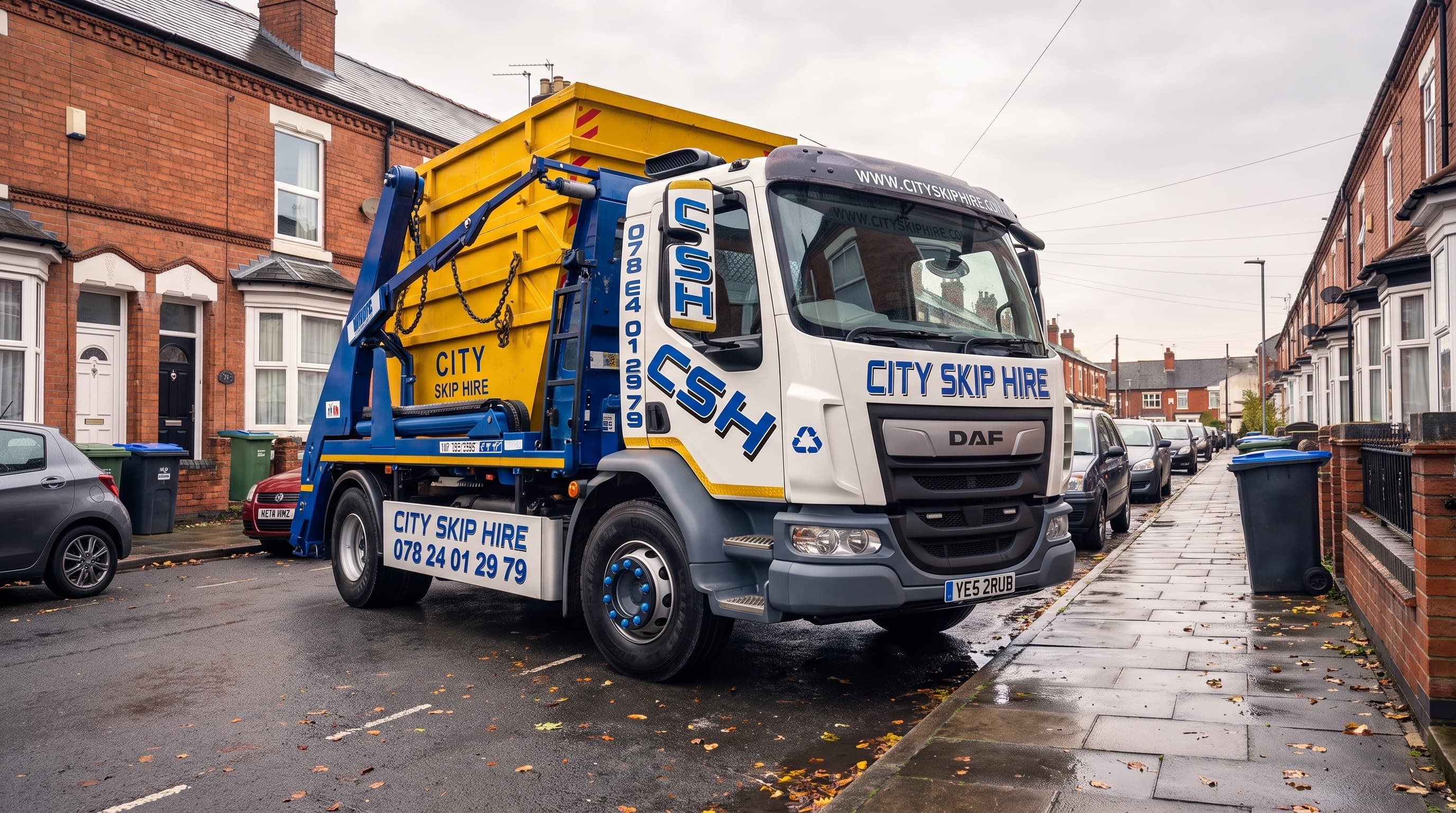 City Skip Hire delivery truck with yellow skip